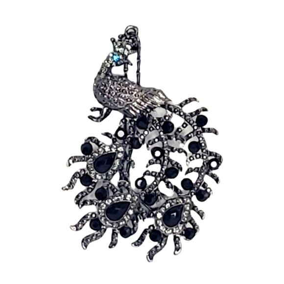 Rhinestone Peacock Pendant Necklace Hematite Tone - Picture 6 of 6